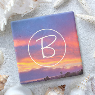 Pink Yellow Blue Clouds Sunset Monogram Modern Stone Coaster