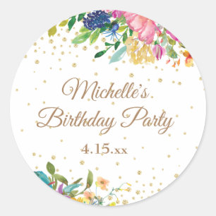 Pink Yellow Blue Floral Birthday Party Classic Round Sticker