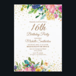 Pink Yellow Blue Floral Gold Glitter 16th Birthday Invitation<br><div class="desc">Elegant and colourful pink,  blue,  and yellow watercolor floral with gold glitter on a white Sweet 16 birthday party invitation.  Contact us for help with customisation or to request matching products.</div>