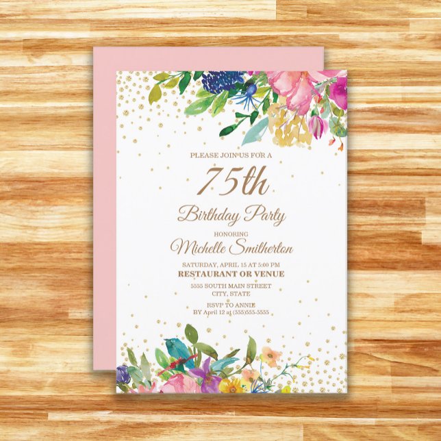 Pink Yellow Blue Floral Gold Glitter 75th Birthday Invitation (Pink, yellow, and blue watercolor floral 75th birthday party invitation)