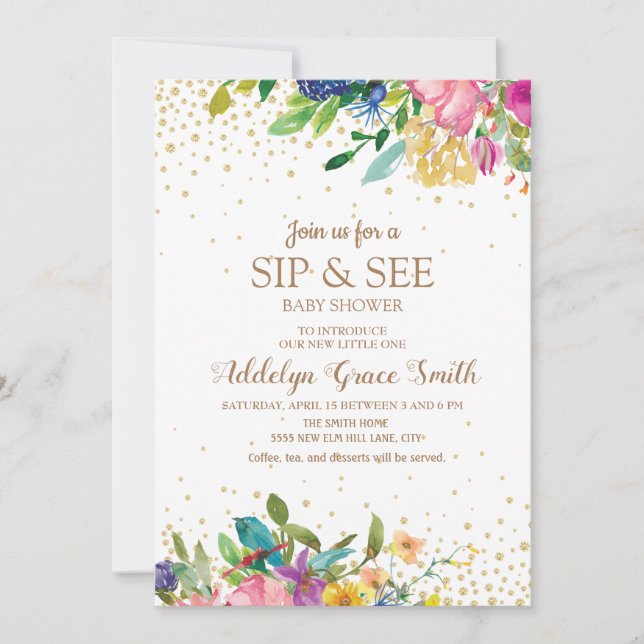 Pink Yellow Blue Floral Gold Glitter Sip See Invitation (Front)