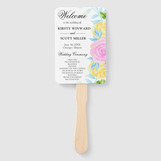 Pink Yellow Blue Flowers Wedding Program Hand Fan (Front)