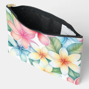 PINK YELLOW BLUE FRANGIPANI FLORAL BLOOMS ACCESSORY POUCH