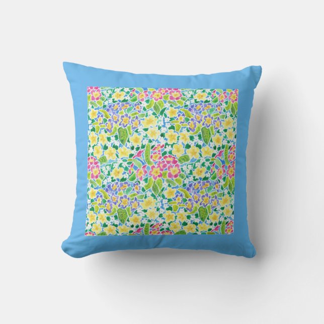 Pink, Yellow, Blue Primrose Pattern. Cushion (Front)