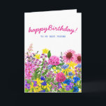 Pink Yellow Blue Purple Floral Friend Birthday Card<br><div class="desc">A beautiful garden filled with pink, purple blue and yellow wildflowers brings your birthday wishes to your best friend. There is an inside message with flowers in a vase. All of the text is editable so you can really personalise your card. If you would like any matching items, please message...</div>