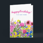 Pink Yellow Blue Purple Floral Friend Birthday Card<br><div class="desc">A beautiful garden filled with pink, purple blue and yellow wildflowers brings your birthday wishes to your best friend. There is an inside message with flowers in a vase. All of the text is editable so you can really personalise your card. If you would like any matching items, please message...</div>