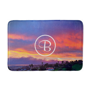 Pink yellow blue sunset photo custom monogram bold bath mat