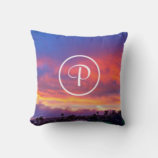 Pink yellow blue sunset photo custom monogram bold cushion (Front)