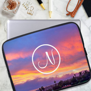 Pink yellow blue sunset photo custom monogram bold laptop sleeve