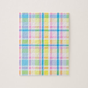 Pink yellow blue tartan pattern accessories trendy jigsaw puzzle