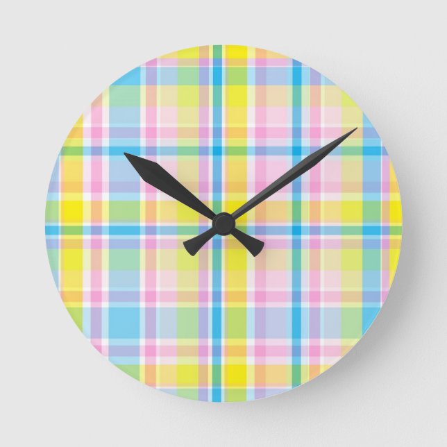 Pink yellow blue tartan pattern accessories trendy round clock (Front)
