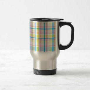 Pink yellow blue tartan pattern accessories trendy travel mug