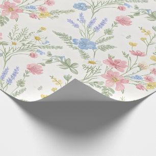 Pink Yellow Blue Wildflowers Watercolor Style Wrapping Paper