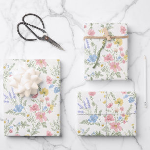 Pink Yellow Blue Wildflowers Watercolor Style Wrapping Paper Sheet
