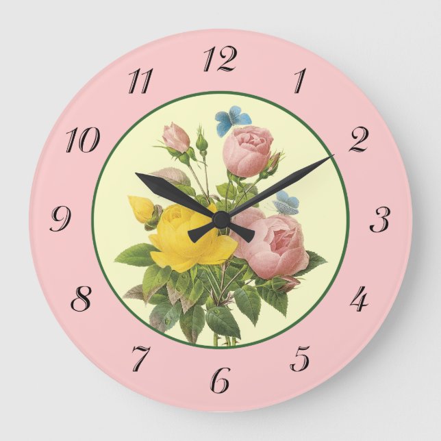 Pink Yellow Botanical Roses Wall Clock (Front)