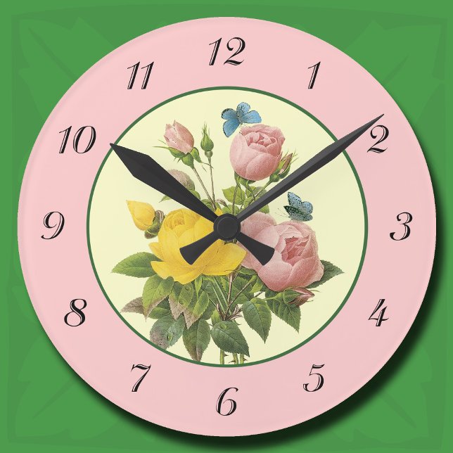 Pink Yellow Botanical Roses Wall Clock with Number (Pink and Yellow Botanical Roses Wall Clock)