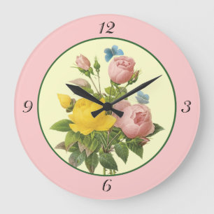 Pink Yellow Botanical Roses Wall Clock with Number