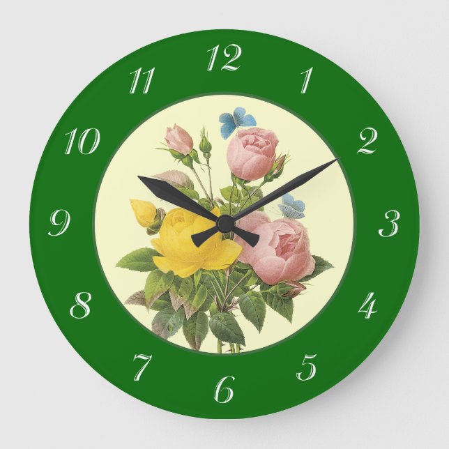 Pink Yellow Botanical Roses with Numbers Clock (Front)