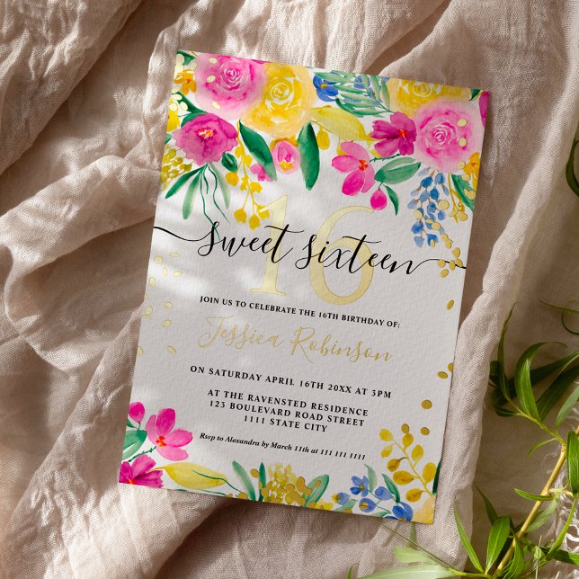 Pink yellow bright floral gold script Sweet 16 (Creator Uploaded)