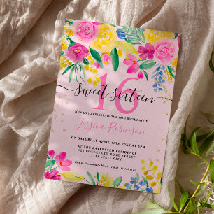 Pink yellow bright floral gold script Sweet 16 Invitation