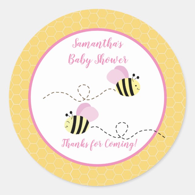 Pink Yellow Bumble Bee Favour Sticker (Front)