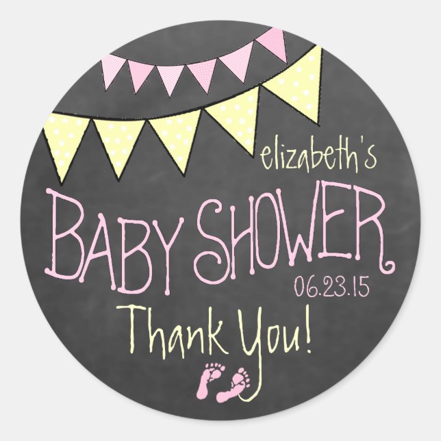 Pink Yellow Bunting Chalkboard Look Baby Shower Classic Round Sticker (Front)