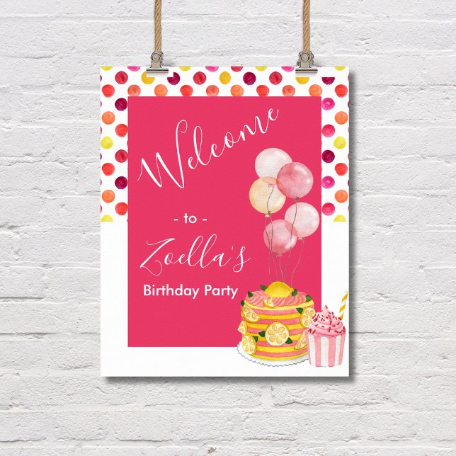 Pink Yellow Cake Cupcake Welcome Party Sign (Pink Yellow Birthday Party Poster)