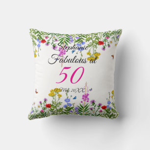 Pink Yellow Carnations on Blue Happy Birthday Cushion