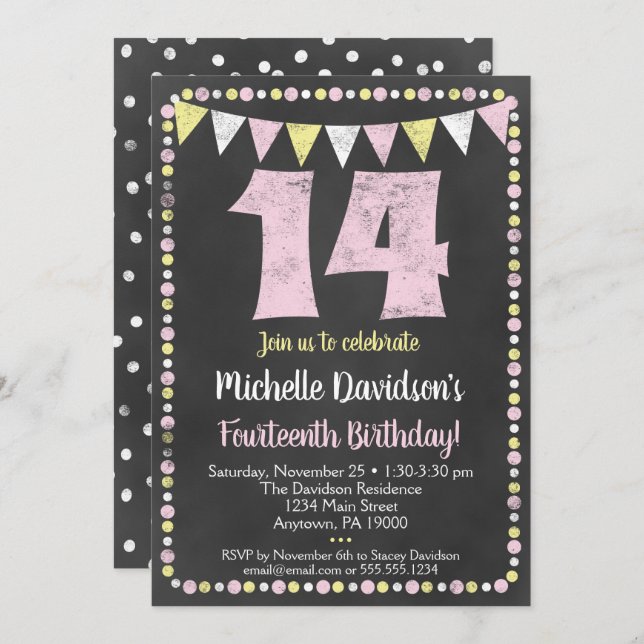 Pink Yellow Chalkboard 14th Birthday Invitation (Front/Back)