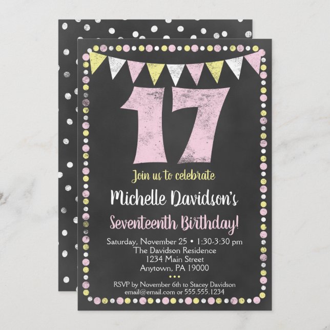 Pink Yellow Chalkboard 17th Birthday Invitation (Front/Back)