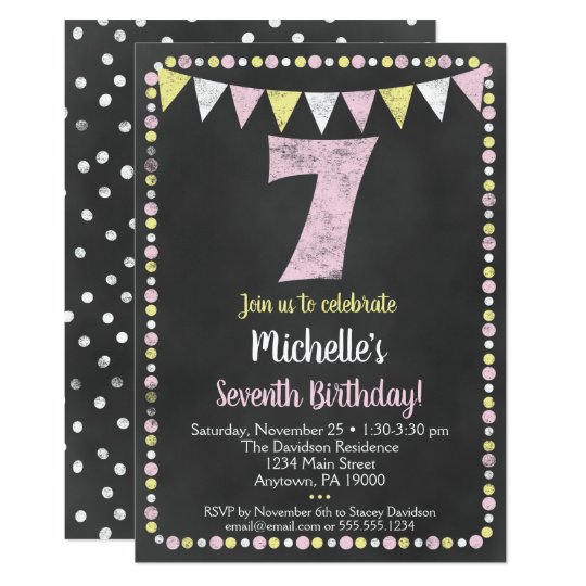 Pink Yellow Chalkboard 7th Birthday Invitation Zazzle au