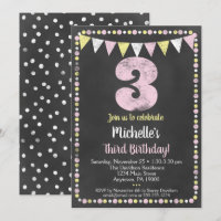 Pink Yellow Chalkboard Third Birthday Invitation