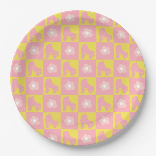 Pink Yellow Chequered Roller Derby Skate Paper Plate (Front)