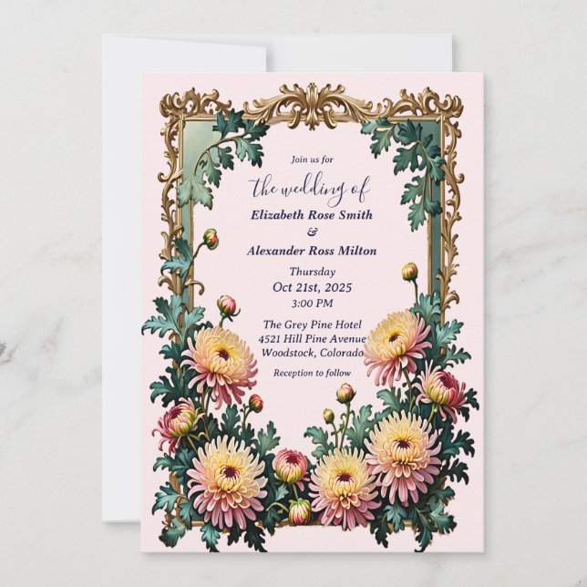 Pink Yellow chrysamthemums art frame wedding  Invitation (Front)