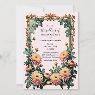 Pink Yellow chrysamthemums art frame wedding  Invitation