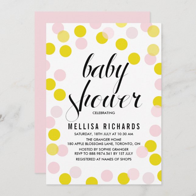 Pink & Yellow Confetti Polka Dots Baby Shower Invitation (Front/Back)