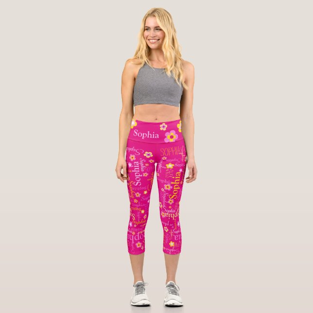 Pink yellow custom girls text name flower Sophia Capri Leggings (Front)
