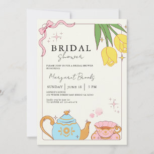 Pink Yellow Cute Bridal Shower Tea Party Invitation