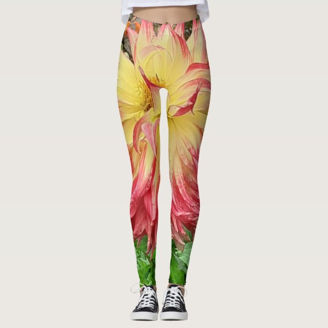 Pink & Yellow Dahlia Leggings (Front)