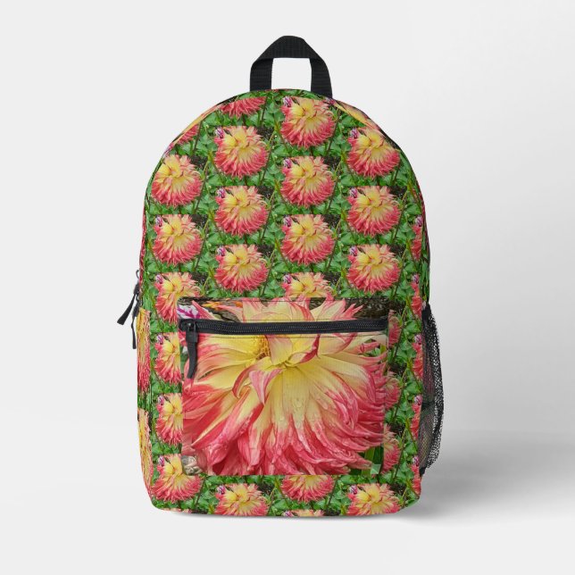 Pink & Yellow Dahlia Printed Backpack (Front)