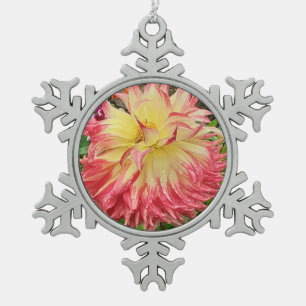 Pink & Yellow Dahlia Snowflake Pewter Christmas Ornament
