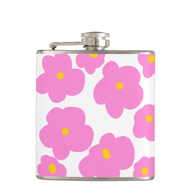 Pink yellow daisy flower modern elegant pattern  hip flask (Front)