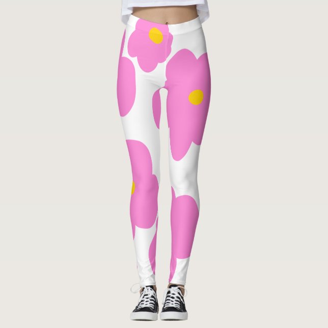 Pink yellow daisy flower modern elegant pattern  leggings (Front)