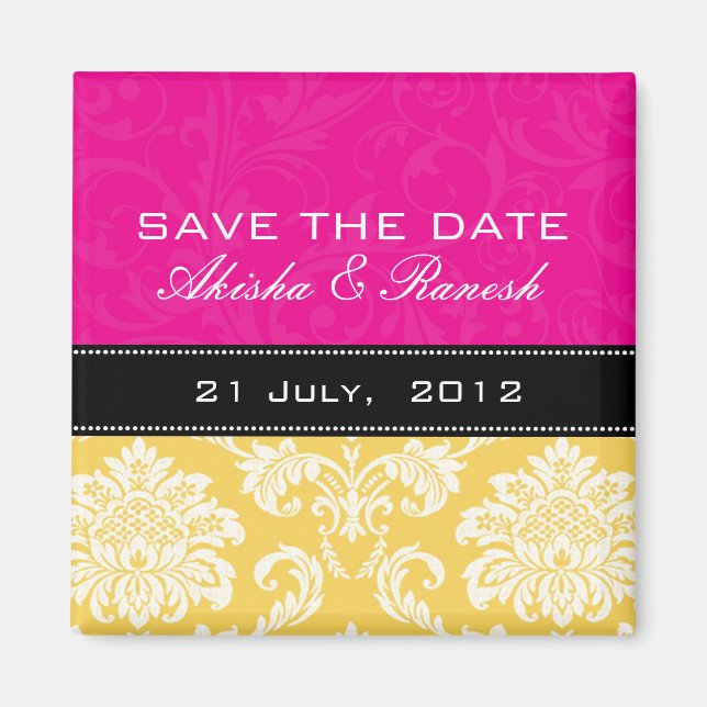 Pink Yellow Damask Save the Date Magnet (Front)