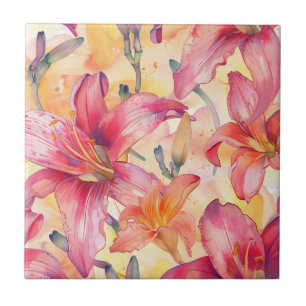 Pink Yellow Daylilies Ceramic Tile