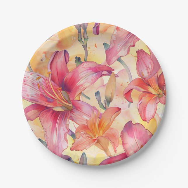 Pink Yellow Daylilies Paper Plate (Front)