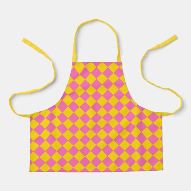 Pink Yellow Diamond Harlequin Chequered Pattern Apron (Front)
