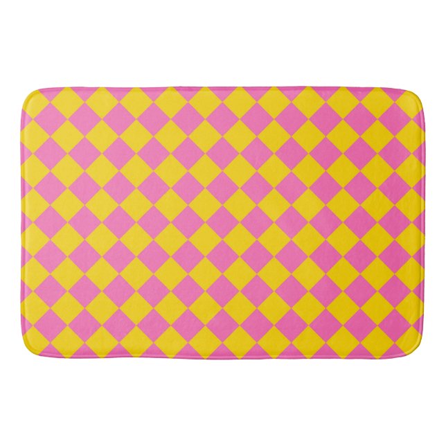 Pink Yellow Diamond Harlequin Chequered Pattern Bath Mat (Front)
