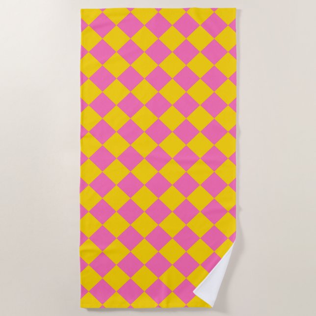 Pink Yellow Diamond Harlequin Chequered Pattern Beach Towel (Front)