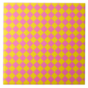Pink Yellow Diamond Harlequin Chequered Pattern Ceramic Tile